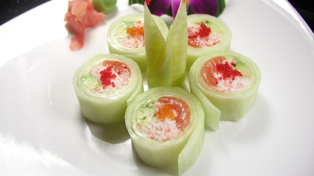Moon Light Roll · Raw. Salmon, tuna, avocado, crab stick wrapped in cucumber with vinegar sauce (no rice).