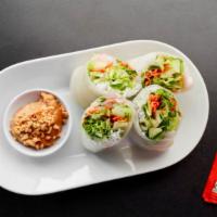 Fresh Rolls (2) · Romaine lettuce, carrots, and noodles wrapped in steamed rice wrappers.