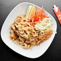 Pad Thai · Thin rice noodles sautéed in our homemade pad thai sauce, bean sprouts, eggs, ground peanuts...