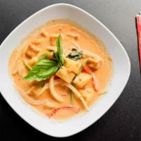 Gang Deang (Red Curry) · A spicy and delicious curry with bamboo shoots, red and green bell peppers, onions, and fres...