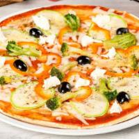 Greek Pizza · Fresh mozzarella, tomato, artichoke hearts, red onions, black olives, feta and oregano.