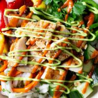 Thai Box · Thai chicken, jalapeno, spicy cucumber, pickled carrots, roasted vegetables, cilantro, crush...