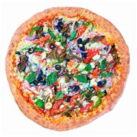 Veggie Pizza · Tomatoes, Black olives, Bell Peppers, Red Onion, Mushrooms, Mozzarella Cheese.
