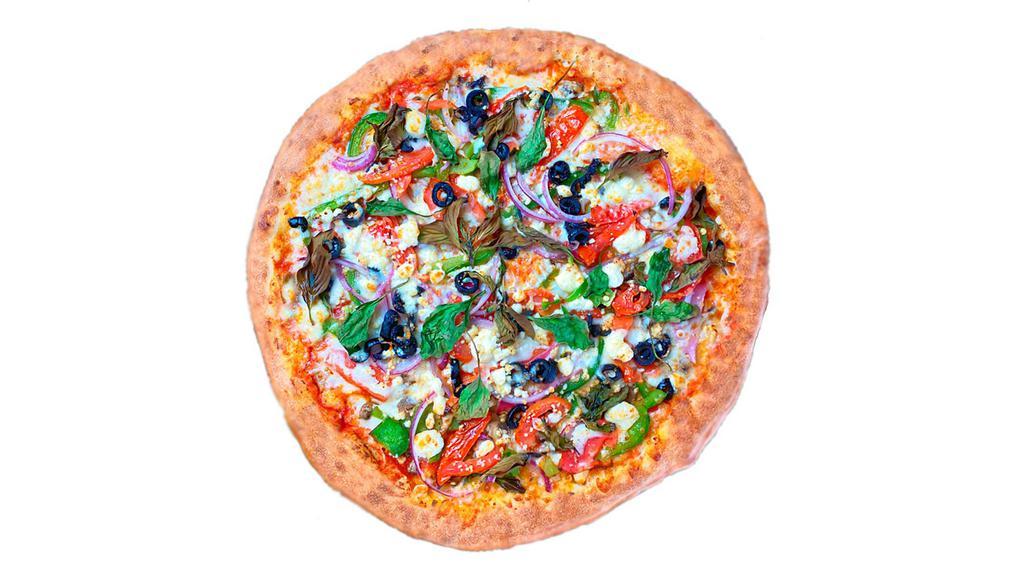 Veggie Pizza · Tomatoes, Black olives, Bell Peppers, Red Onion, Mushrooms, Mozzarella Cheese.