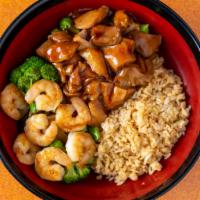 Teriyaki Chicken & Shrimp · Served with onion zucchini broccoli fried rice white rice or soba noodles.