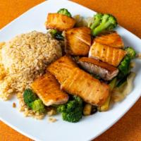 Hibachi Salmon · Served with onion zucchini broccoli fried rice white rice or soba noodles.