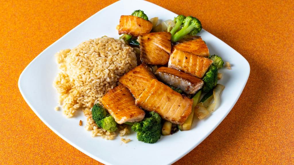 Hibachi Salmon · Served with onion zucchini broccoli fried rice white rice or soba noodles.