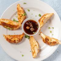 4 Edamame Potstickers · Four tender dumplings filled with a blend of hearty edamame soybean pieces and lightly seaso...