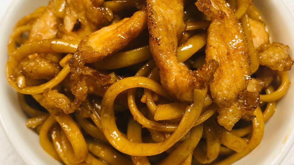 Pork Lo Mein · Strips of pork loin sauteed and tossed with linguini pasta in our signature Lo Mein sauce. Our Lo Mein is a house recipe with garlic, onions, shrimp paste, peanut butter, soy, sesame oil.