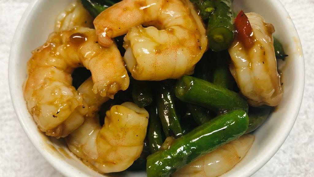 Shrimp And Green Beans · Stir fried shrimp with caramelized minced onions and green beans.

Served with side of rice.
