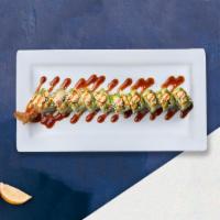 Rock N' Roll · Spicy crab and cucumber inside and wrapped with tuna and avocado topped with spicy mayo and ...