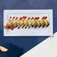 Tiger Roll · Shrimp tempura, cucumber inside, wrapped with avocado, spicy tuna, and topped with spicy may...