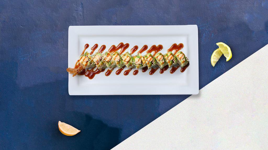 Tiger Roll · Shrimp tempura, cucumber inside, wrapped with avocado, spicy tuna, and topped with spicy mayonnaise.