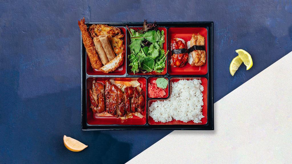 Beef Teriyaki · Served with house ginger salad, steamed white rice, shrimp, vegetable tempura, gyoza or california roll. Vegetarian box comes with vegetables tempura and cucumber roll.
