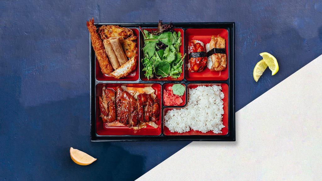 Salmon Teriyaki · Served with house ginger salad, steamed white rice, shrimp, vegetable tempura, gyoza or california roll. Vegetarian box comes with vegetables tempura and cucumber roll.