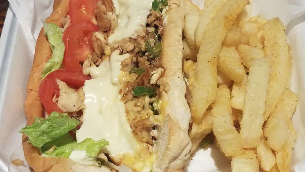 Chicken Philly · Seasoned and grilled chicken with onions and bell peppers on a toasted bun served with your choice of side.
