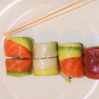 Lb12. Rainbow Roll, Salmon Avocado Roll, Tuna Roll · 