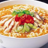 Korean Ramen(Spicy) · Korean Style Spicy Noodle Soup.  Thin Fried Wheat Flour Noodle in Savory Soup Base. You may ...