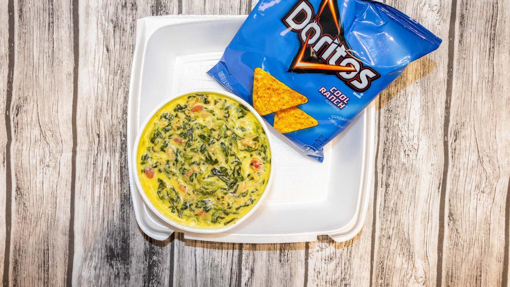 Spinach Dip · spinach dip loaded with turkey meat and tomatoes, comes with a bag of doritos