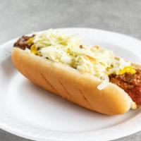Hot Dog | Only · All Beef Hot Dogs w/ Chili, Slaw, Mustard, & Onion