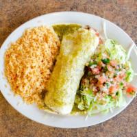 Burrito Verde · A flour tortilla stuffed with shredded pork, topped with cheese sauce, and green sauce, serv...