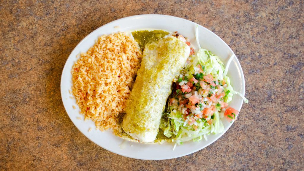 Burrito Verde · A flour tortilla stuffed with shredded pork, topped with cheese sauce, and green sauce, served with rice, lettuce, and pico de gallo.