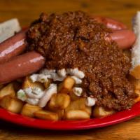 Dirty Dog · Two all-beef, premium hot dogs piled on a bed of homemade mac salad and crispy home-fried po...