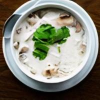 Tom Kha · Gluten-free, spicy. Coconut milk soup, fresh Thai chili, lemongrass, mushroom, galangal, fis...