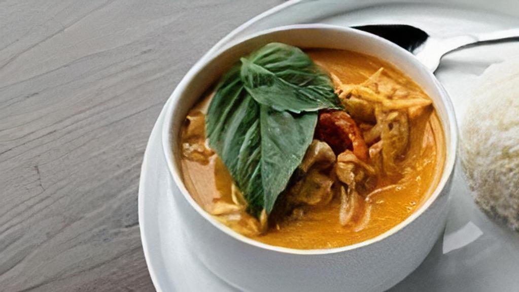 Red Curry · Gluten-free, spicy. Coconut milk, bell pepper, bamboo shoot, basil.