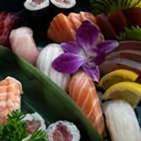 Nigiri (7) & Sashimi (9) · Seven pieces nigiri, nine pieces sashimi, tuna roll.

Served raw, undercooked, or cooked to ...