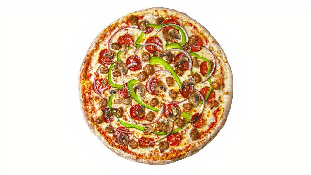 Large Supreme Pizza And Wings · Perfectly cooked Golden Brown Hand-Tossed Supreme Pizza ingredients: pizza dough, tomato sauce, pepperoni, sausage, mushroom, onion, green peppers and 10 wings of your flavor choice