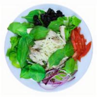 Chicken Spinach Salad And Wings · Grilled chicken tossed over a blend of baby spinach and Romaine lettuce, tomatoes, plump mus...