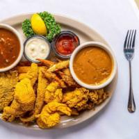 Fried Seafood Platter & French Fries · Seafood gumbo, shrimp etouffee, fried shrimp, stuffed shrimp, fried oysters, crab fingers, s...
