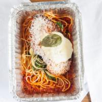 Crispy Chicken Parmigiana · Fresh mozzarella, marinara, capellini, spinach, pecorino.
