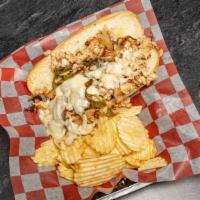 Chicken Philly · Served on an Italian sub roll with grilled onions, peppers, and mushrooms with your choice o...
