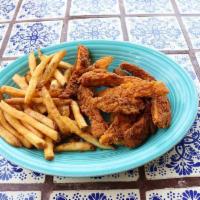 Chicken Tenders · Crispy breaded chicken tenders with your choice of regular french fries or smiley face fries.