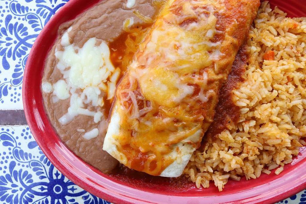 Burrito, Rice, And Beans · Kids' ground beef or shredded chicken burrito served with fresh rice and homemade refried beans.