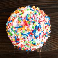 Fun-Fetti · Yellow cake baked with sprinkles topped with a vanilla buttercream and rolled in sprinkles