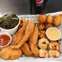 Fat Combo · Our fat combo comes with 1/2lb of your choice of fish, 4 shrimp, 4 oysters, your choice of e...