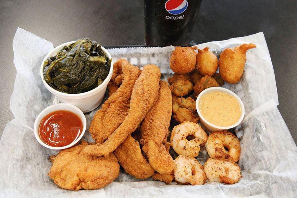 Fat Combo · Our fat combo comes with 1/2lb of your choice of fish, 4 shrimp, 4 oysters, your choice of either 1/4lb scallops or a crabcake, 3 hushpuppies and a side and drink.
