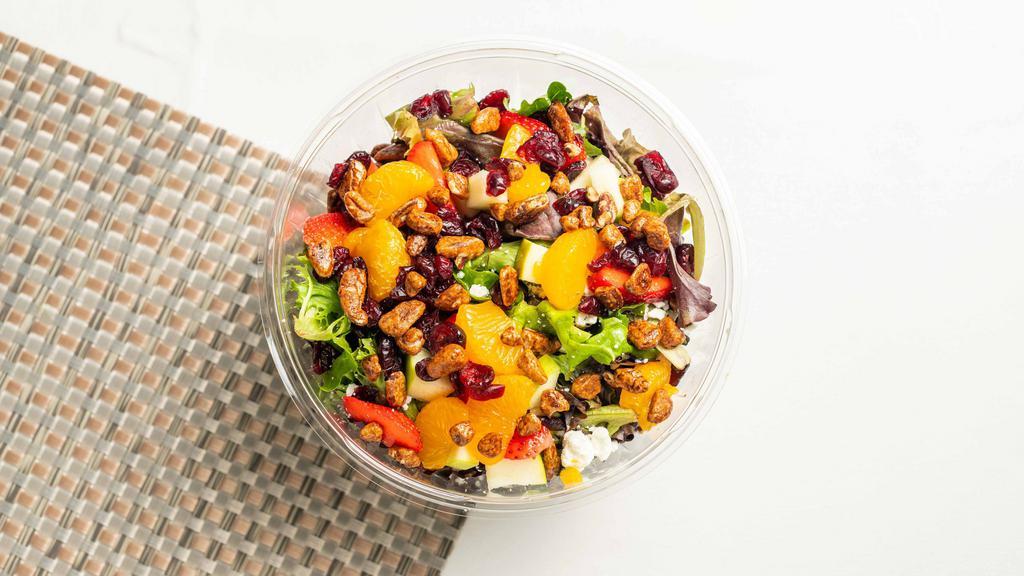 Cali Crunch Salad · 490 calories. Spring mix, candied pecans, dried cranberries, mandarin oranges, strawberries, granny smith apples, goat cheese, balsamic vinaigrette.