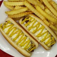 #5 2 Hot Dogs · Chili, Onion, Mustard and Cole Slaw. 
w/ Fries