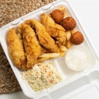 Perch Plate · Served with 4 pieces of fish, 2 sides (your choice), Hushpuppies and 4oz. Tartar Sauce or 4o...