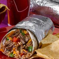 Burrito Supreme · Flour tortilla stuffed with Shredded Chicken or Ground Beef and beans, topped with cheese, l...