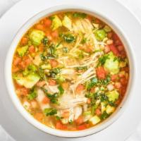 Sopa De Pollo · Special house soup with shredded chicken, mexican rice, pico de gallo, and fresh avocados