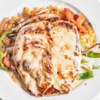 Pollo Loco · Grilled chicken breast with grilled onions, peppers, and tomatoes served on a bed of rice an...