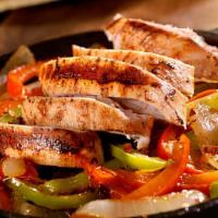 Chicken Fajitas · Grilled onions, bell peppers, tomatoes, and chicken. Served
with rice & beans, lettuce, sour...