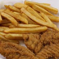 Chicken Tenders · Three hand breaded chicken tenders fried to perfection. Served with a side of your choice.