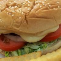 Burger · Served with cheese, lettuce, tomatoes and a side of your choice.