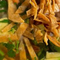 Sopa De Pollo / Chicken Soup · Homemade chicken soup served with a side of rice, pico de gallo, avocado slices and crispy t...